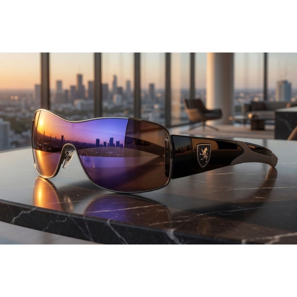 Khan‎ Shield Sunglasses Black Iridescent Mirror Lens Sporty Wrap KN-M3734 - Picture 6 of 11